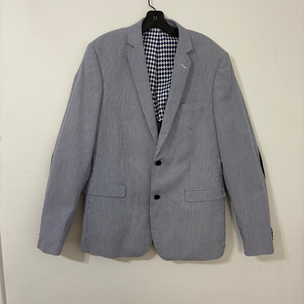 Saks Fifth Ave Seersucker Blazer Cotton Preppy Wedding Elbow Patch Men L Trim Ft